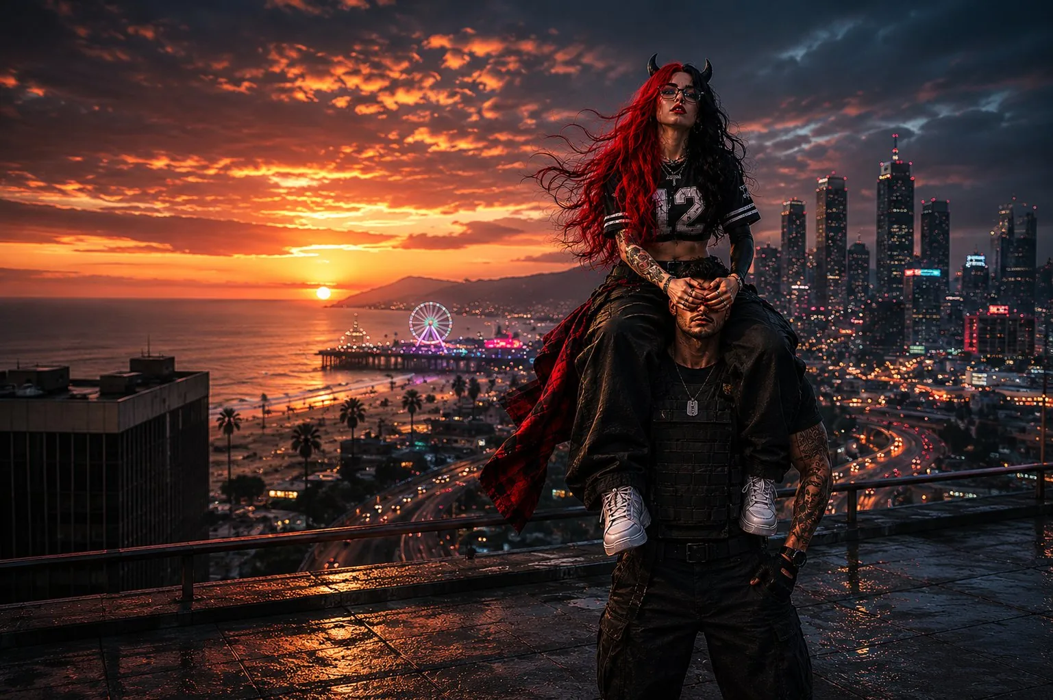 The Couple above the city at sunset